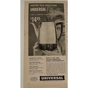 1958 Universal Coffeematic Ad Chrome Percolator Plug-In Silver Kitchen MCM Print